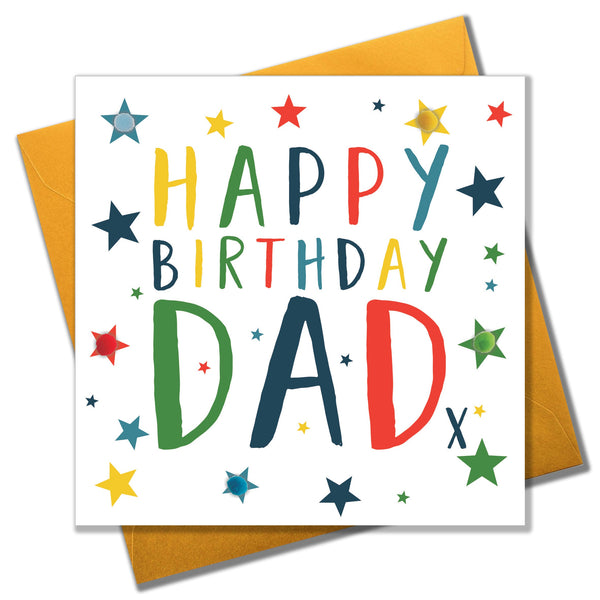 Birthday Card, Colour Stars, Happy Birthday, Dad, Embellished with pompoms