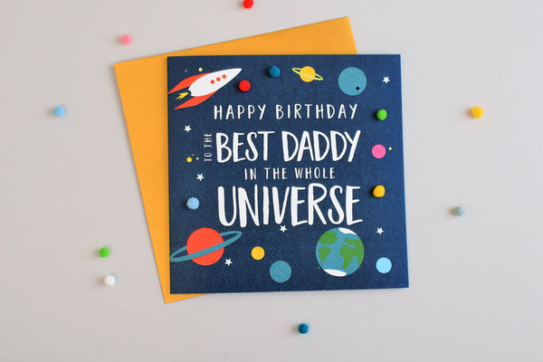 Birthday Card, Spaceship, Best Daddy in the Universe, Embellished with pompoms