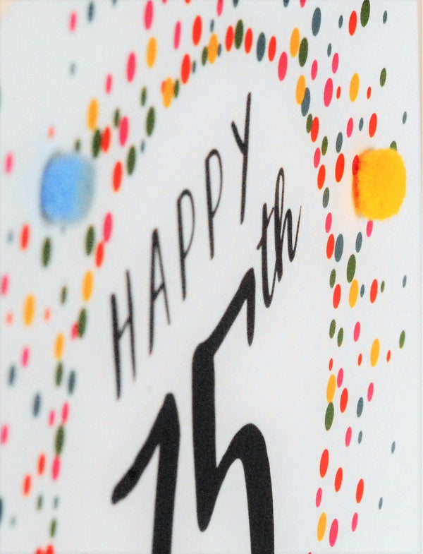 Birthday Card, Dotty 75, 75th , Embellished with colourful pompoms