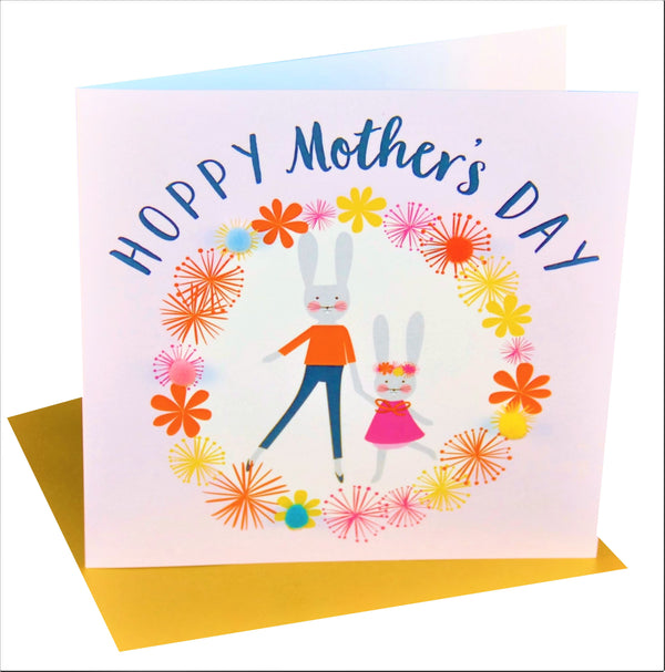 Mother's Day Card, Mummy Bunny, Girl Pink, Embellished with colourful pompoms