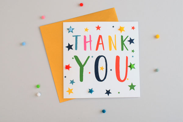Thank You Card, Stars, Thank You, Embellished with colourful pompoms