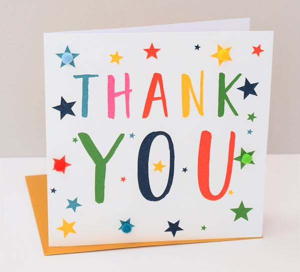 Thank You Card, Stars, Thank You, Embellished with colourful pompoms