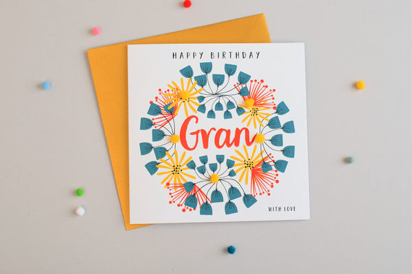 Birthday Card, Floral Pattern, Gran with Love, Embellished with pompoms