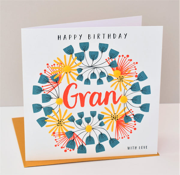 Birthday Card, Floral Pattern, Gran with Love, Embellished with pompoms