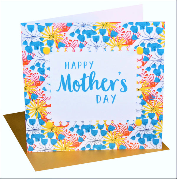 Mother's Day Card, Floral Pattern, Embellished with colourful pompoms