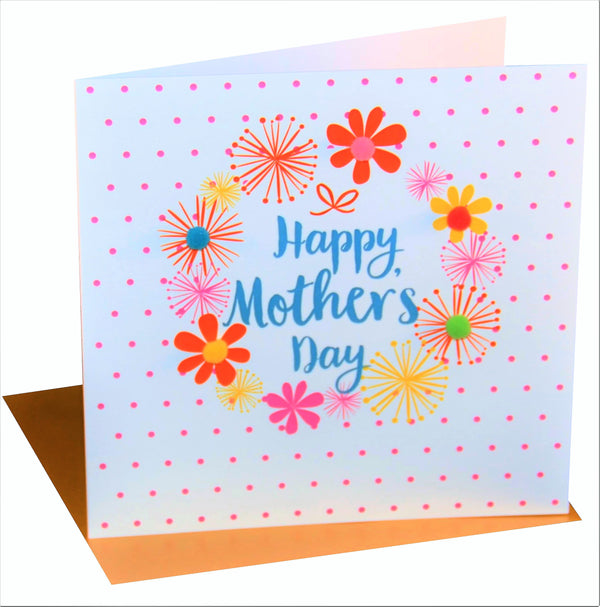 Mother's Day Card, Dots & Flowers, Embellished with colourful pompoms