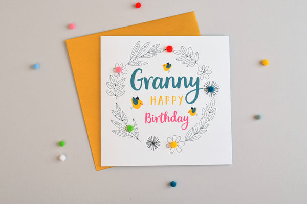 Birthday Card, Birds and Flowers, Granny, Embellished with pompoms