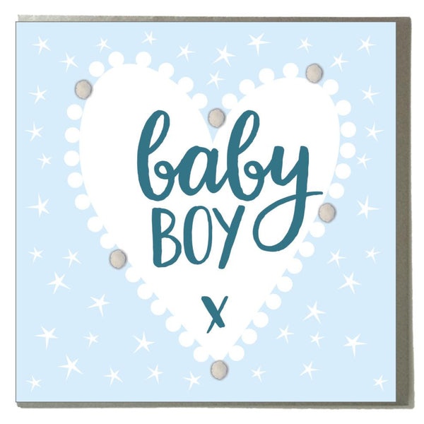Baby Card, Blue Heart, Baby Boy, Embellished with colourful pompoms