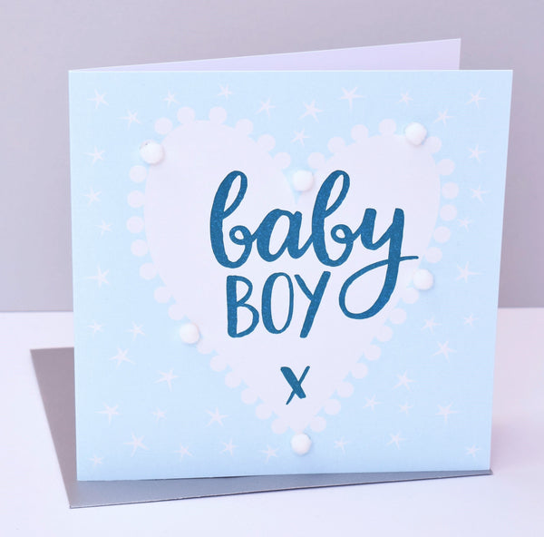 Baby Card, Blue Heart, Baby Boy, Embellished with colourful pompoms