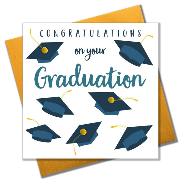 Congratulations on Graduation Card, Mortar Hats, Embellished with pompoms