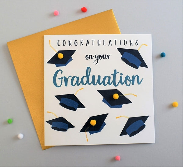 Congratulations on Graduation Card, Mortar Hats, Embellished with pompoms