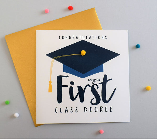 Congratulations on Frist class Degree Card, Mortar Hat, Embellished with pompoms