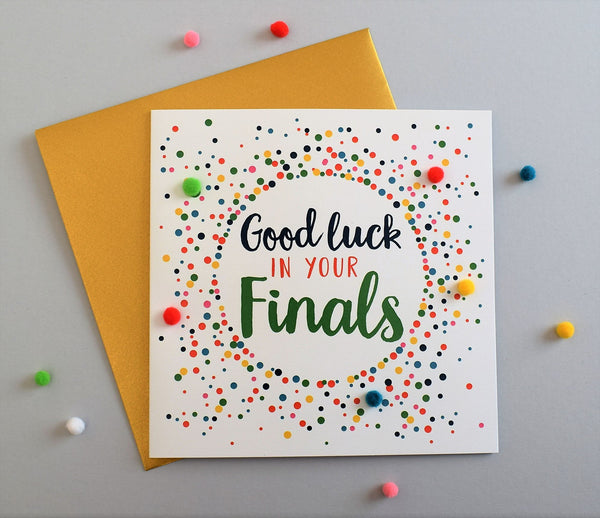 Good Luck in your Finals Card, Dots, Embellished with pompoms