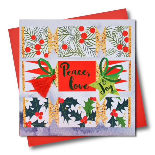 Christmas Card, Crackers, Peace Love and Joy, Tassel Embellished