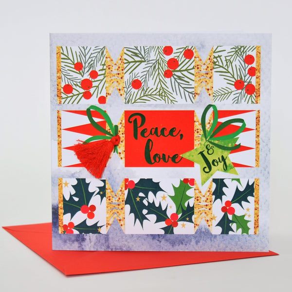 Christmas Card, Crackers, Peace Love and Joy, Tassel Embellished