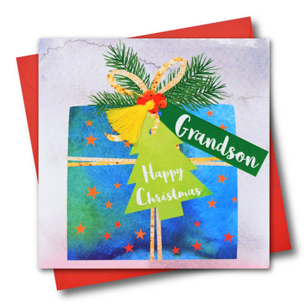 Christmas Card, Present, Grandson, Happy Christmas, Tassel Embellished
