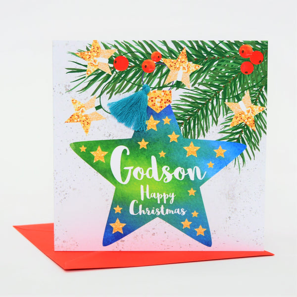 Christmas Card, Star Bauble, Godson, Happy Christmas, Tassel Embellished