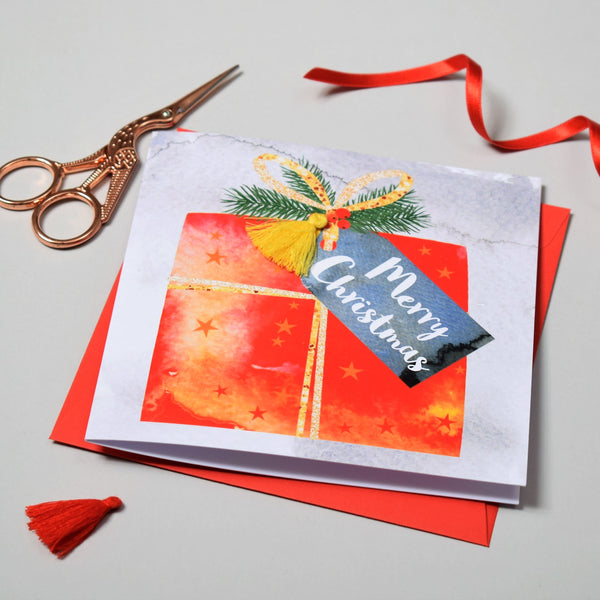 Christmas Card, Present, Merry Christmas, Embellished with a colourful tassel