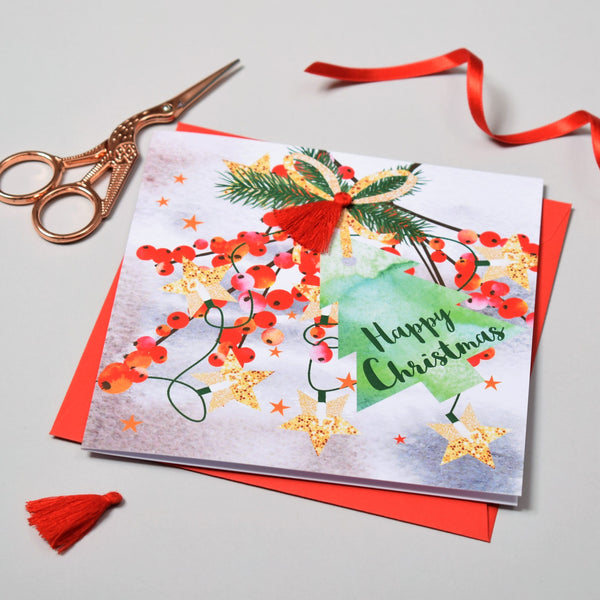 Christmas Card, Berries and Bow, Happy Christmas, Tassel Embellished