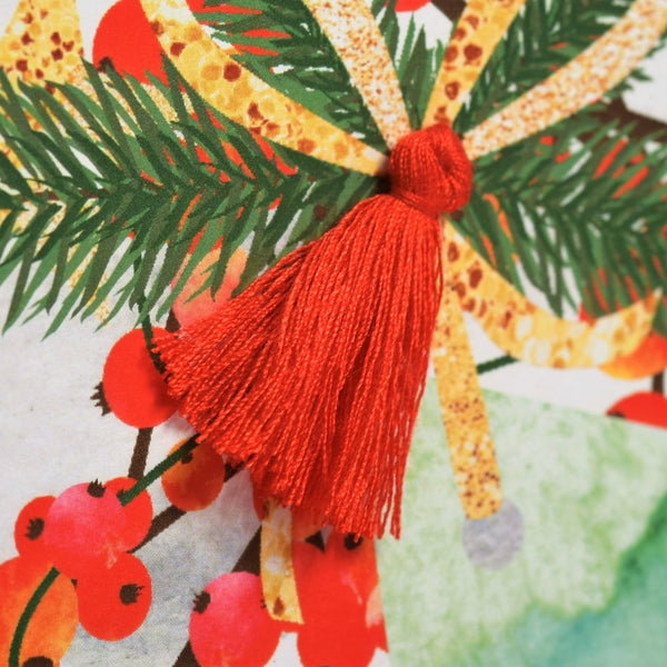 Christmas Card, Berries and Bow, Happy Christmas, Tassel Embellished