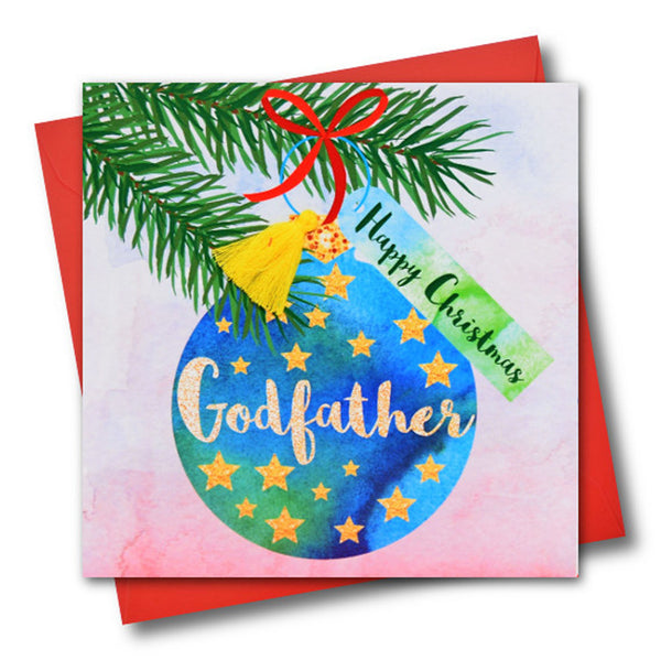 Christmas Card, Bauble, Happy Christmas, Godfather, Tassel Embellished