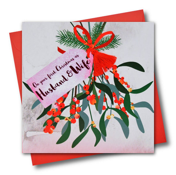 Christmas Card, Mistletoe, 1st Christmas as Husband and Wife, Tassel Embellished