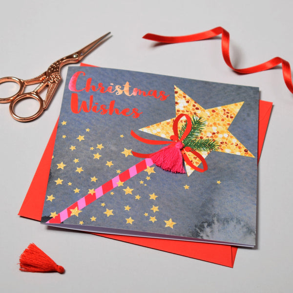 Christmas Card, Wand, Christmas Wishes, Embellished with a colourful tassel