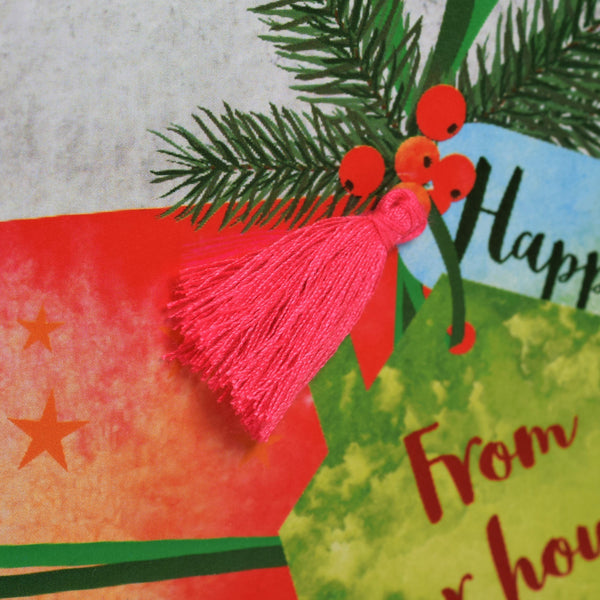 Christmas Card, Present, From our house to yours, Tassel Embellished