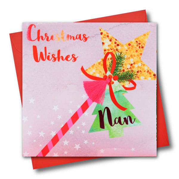Christmas Card, Wand, Christmas Wishes, Nan, Embellished with a colourful tassel
