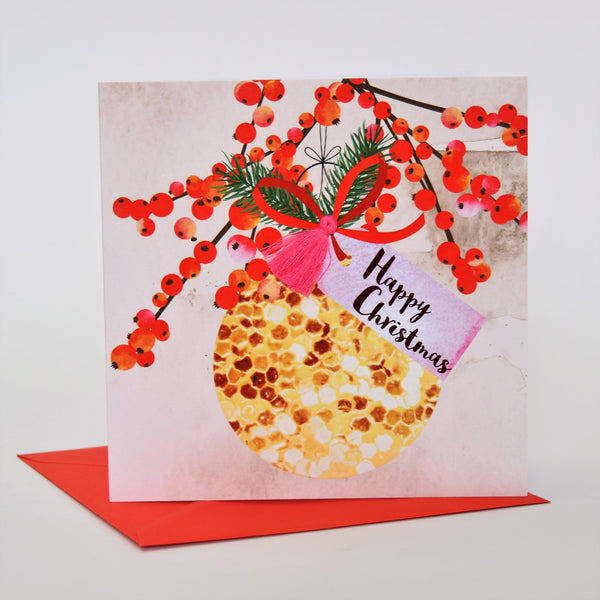 Christmas Card, Bauble & Berries, Happy Christmas, Tassel Embellished