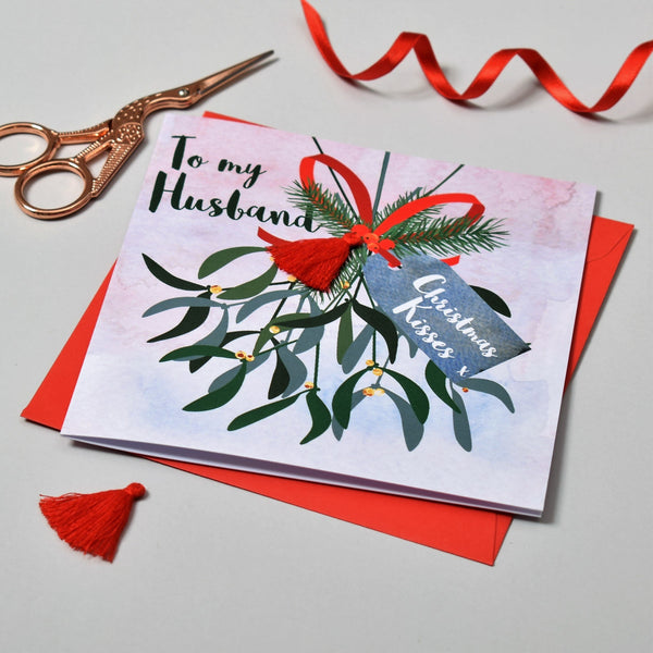 Christmas Card, Mistletoe, To my husband, Christmas Kisses, Tassel Embellished