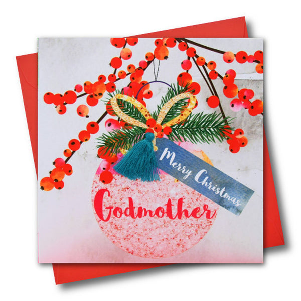 Christmas Card, Bauble, Merry Christmas, Godmother, Tassel Embellished