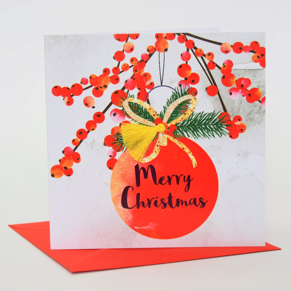 Christmas Card, Bauble and Pine, Merry Christmas, Tassel Embellished