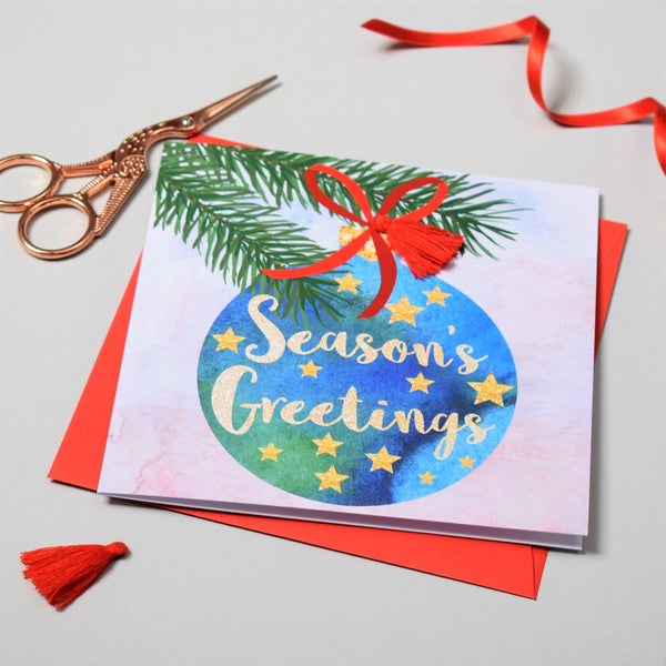 Christmas Card, Bauble and Pine, Season's Greetings, Tassel Embellished