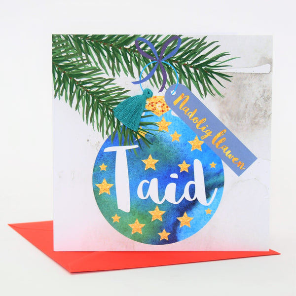Welsh Grandad Christmas Card, Nadolig Llawen Taid, Bauble, Tassel Embellished