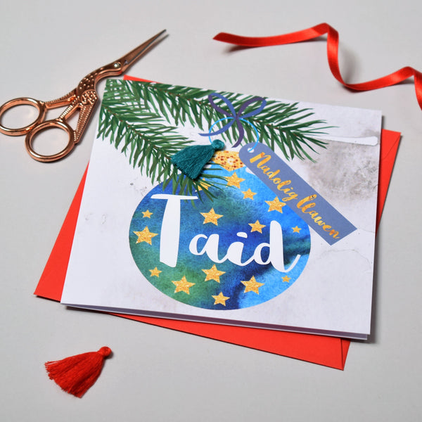Welsh Grandad Christmas Card, Nadolig Llawen Taid, Bauble, Tassel Embellished