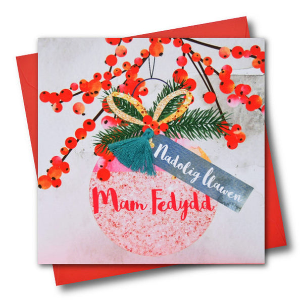 Welsh Godmother Christmas Card, Nadolig Llawen Mam Fedydd, Tassel Embellished