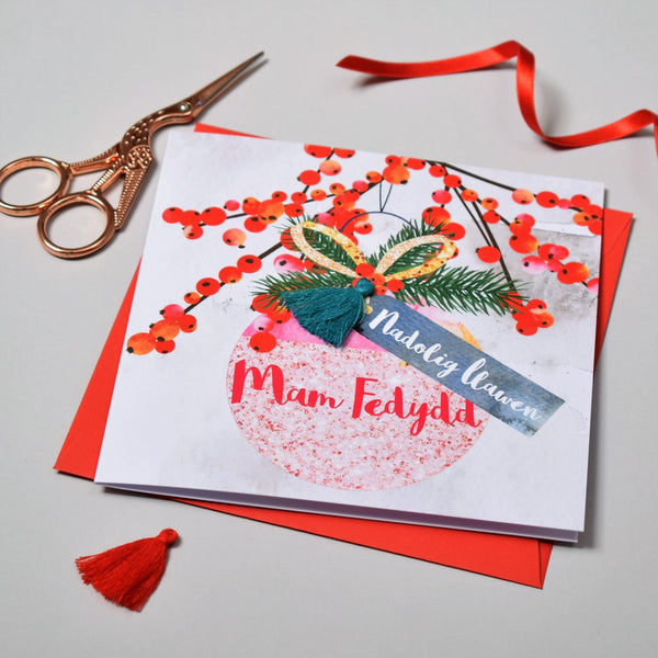Welsh Godmother Christmas Card, Nadolig Llawen Mam Fedydd, Tassel Embellished