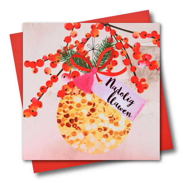 Welsh Christmas Card, Nadolig Llawen, Bauble & Berries, Tassel Embellished