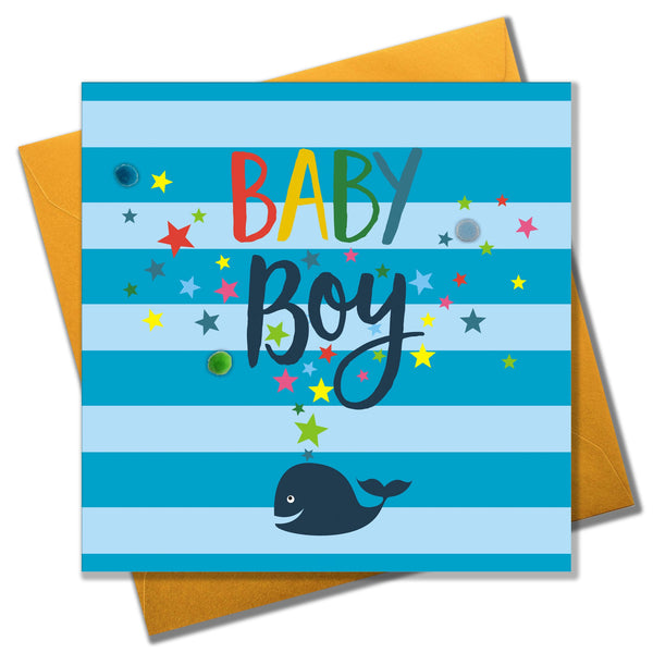 Baby Card, Whale, Baby Boy, Embellished with colourful pompoms