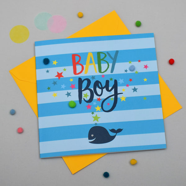 Baby Card, Whale, Baby Boy, Embellished with colourful pompoms