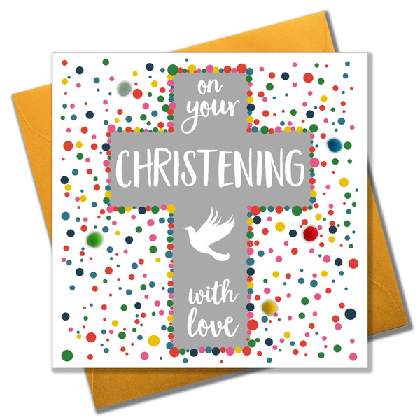 Christening Baptism Card, Cross and Dove, with love, Embellished with pompoms