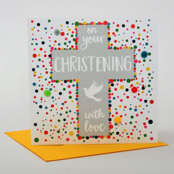 Christening Baptism Card, Cross and Dove, with love, Embellished with pompoms