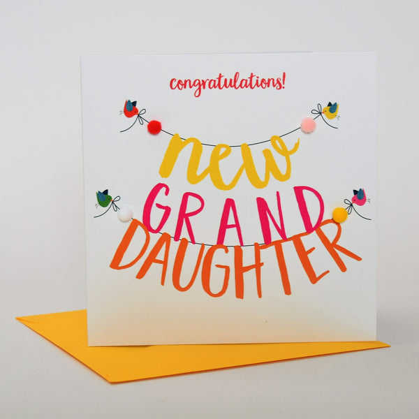 Baby Card, Banner, Congratulations! New Granddaughter, Embellished with pompoms