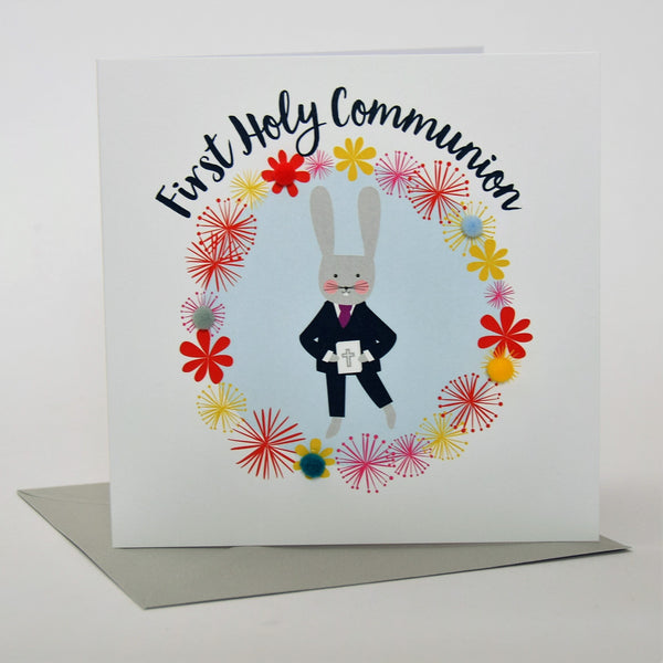 First Holy Communion Card, Blue Flowers, Embellished with pompoms
