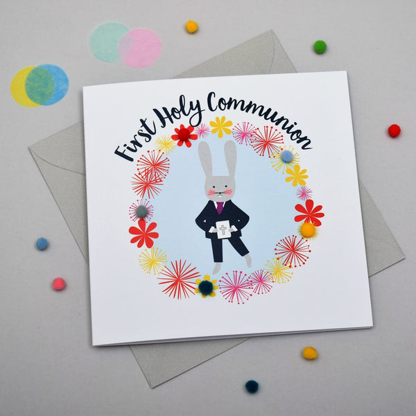 First Holy Communion Card, Blue Flowers, Embellished with pompoms
