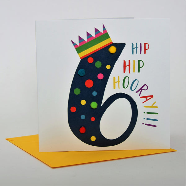 Birthday Card, Age 6 - Blue, Hip Hip Hoorah!!!, Embellished with pompoms
