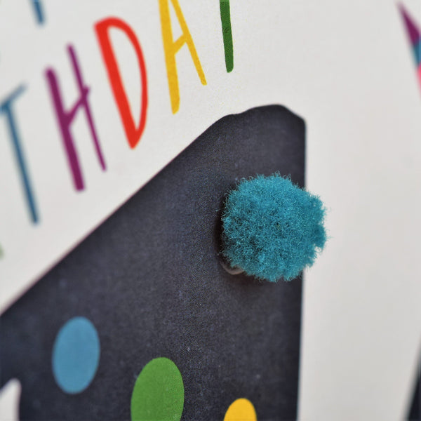 Birthday Card, Age 16 - Blue, Happy Birthday 16, Embellished with pompoms
