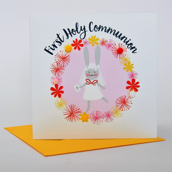 First Holy Communion Card, Pink Flowers, Embellished with pompoms