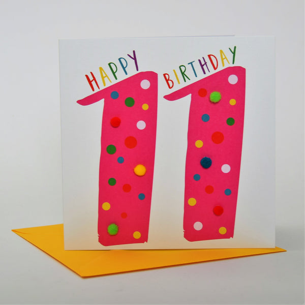 Birthday Card, Age 11 - Pink, Happy Birthday 11, Embellished with pompoms